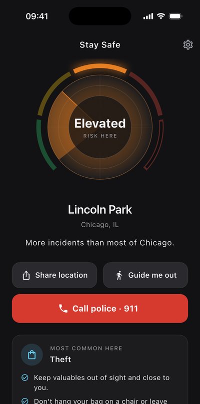 The app showing an Elevated risk level for Lincoln Park, Chicago, with Share location, Guide me out and Call police buttons
